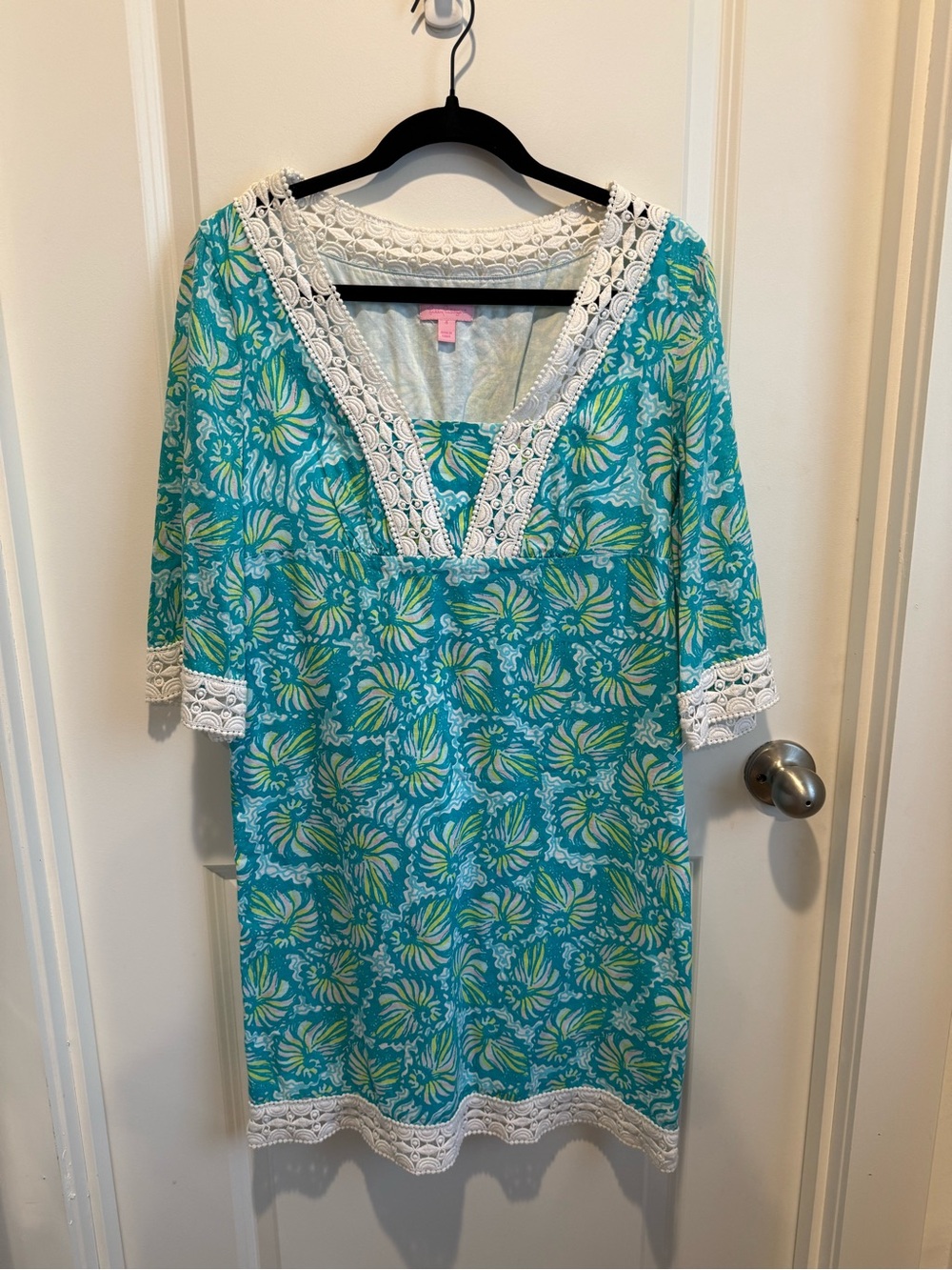 Lilly Pulitzer Turquoise Shell Print Lace Trim Tunic Dress Size 4